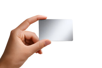 Obraz premium Hand holding a blank silver metal card isolated on transparent background