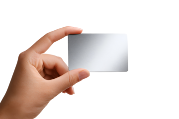 Hand holding a blank silver metal card isolated on transparent background