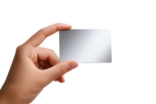Hand holding a blank silver metal card isolated on transparent background
