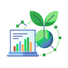 Sustainable Business Growth Illustration with Laptop Chart and Plant on Black Background