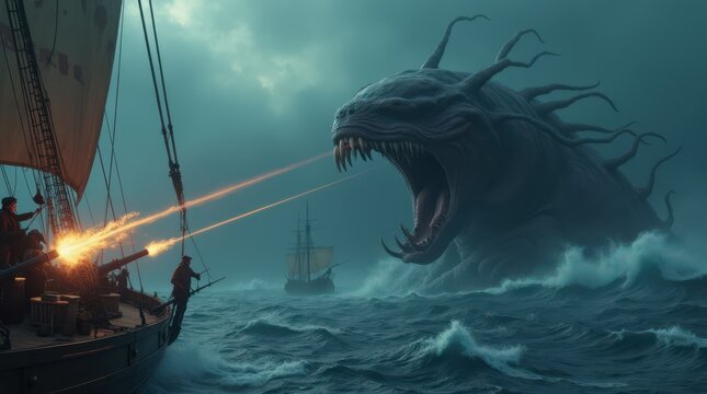 Epic Clash of Man and Myth: A Sea Battle Against a Fearsome Kraken Under Stormy Skies