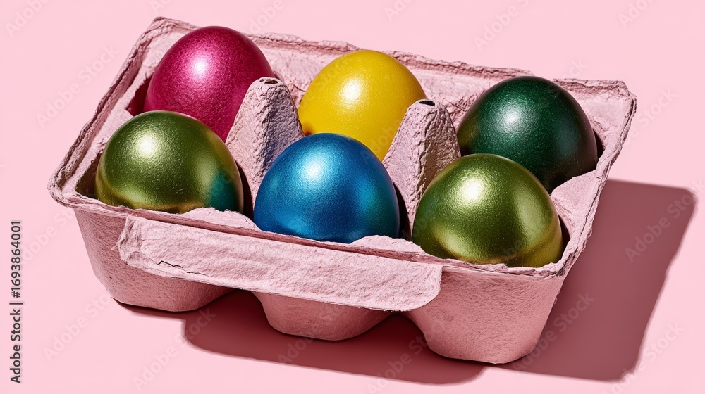 Poster a tray of eggs with different colors and a pink background. the eggs are in a carton and are arrange