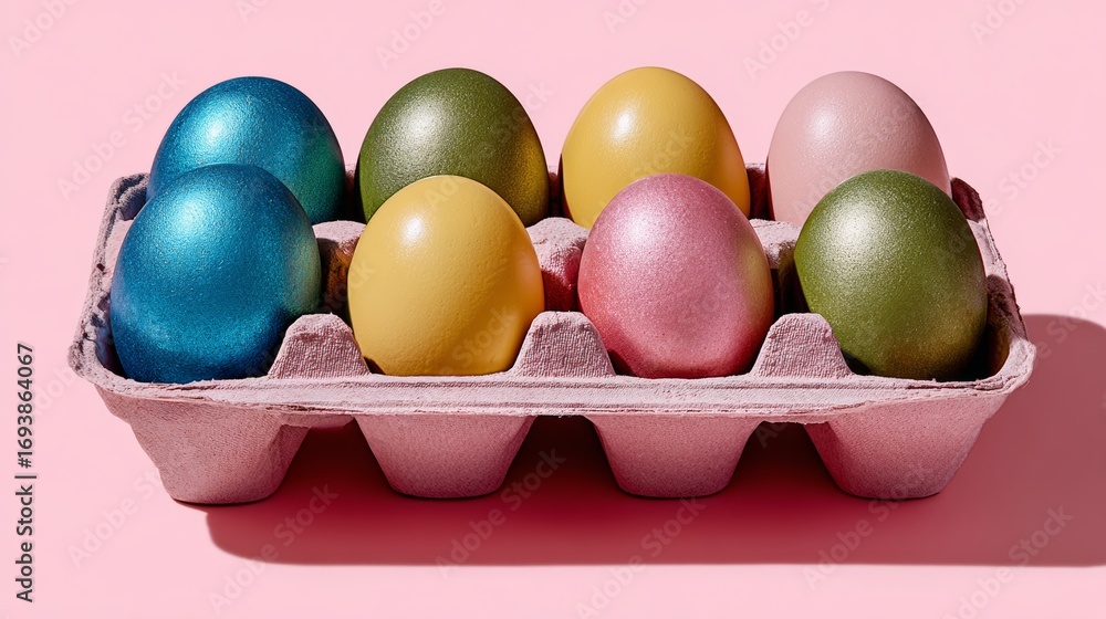 Poster a tray of eggs with different colors and sizes. the eggs are arranged in a row and are placed in a t