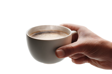 Hand holding a ceramic cup of hot steaming coffee isolated on transparent background