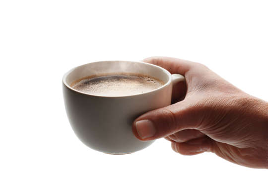 Hand holding a ceramic cup of hot steaming coffee isolated on transparent background