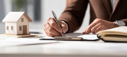The House Model and Agent Signing Real Estate Contract at Desk in Office