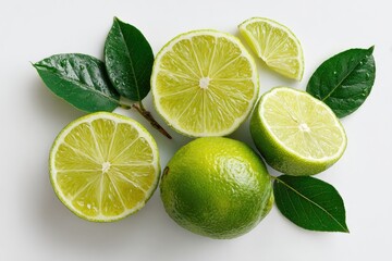 Fresh limes and leaves on white background