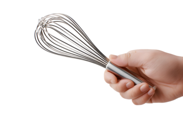 Hand holding a stainless steel wire whisk isolated on transparent background