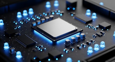 Close-up view of a modern computer circuit board, highlighted by vibrant blue LEDs, showcasing intricate components and the central processing unit.