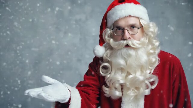 Santa Claus in traditional red costume standing on solid gray background with copy space