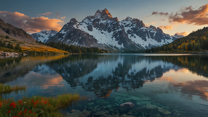 crystal-clear alpine lake nestled among rugged, snow-capped mountains with shimmering waters reflecting the towering peaks, a gentle mist hugging the shoreline, and the vibrant hues of wildflowers