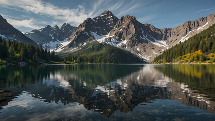 crystal-clear alpine lake nestled among rugged, snow-capped mountains with shimmering waters reflecting the towering peaks, a gentle mist hugging the shoreline, and the vibrant hues of wildflowers