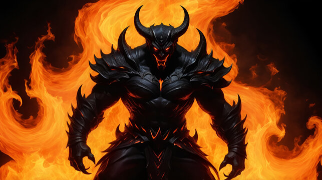 A black abstract devil emerges from the hot red flames of an inferno, a burning symbol of evil and danger in the dark night