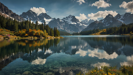 crystal-clear alpine lake nestled among rugged, snow-capped mountains with shimmering waters reflecting the towering peaks, a gentle mist hugging the shoreline, and the vibrant hues of wildflowers