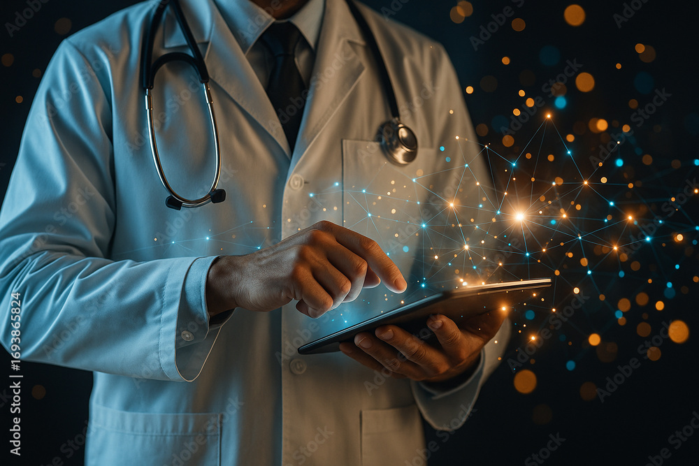 Poster ai generated doctor using digital tablet surrounded by glowing network and light trails symbolizing 