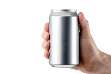 Hand holding a blank aluminum can isolated on transparent background