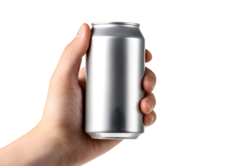Hand holding a blank aluminum can isolated on transparent background