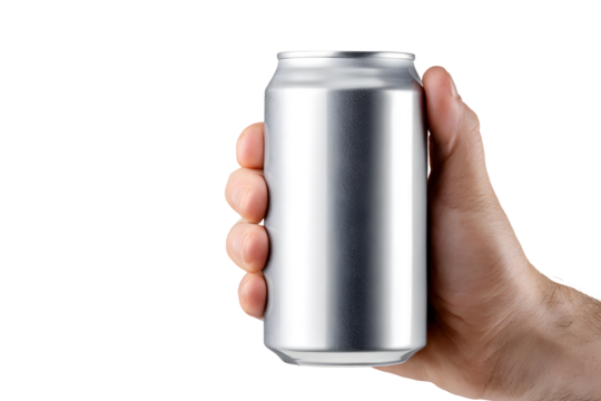 Hand holding a blank aluminum can isolated on transparent background