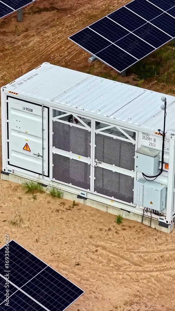 Poster generator container in the middle of a solar panel field. vertical aerial