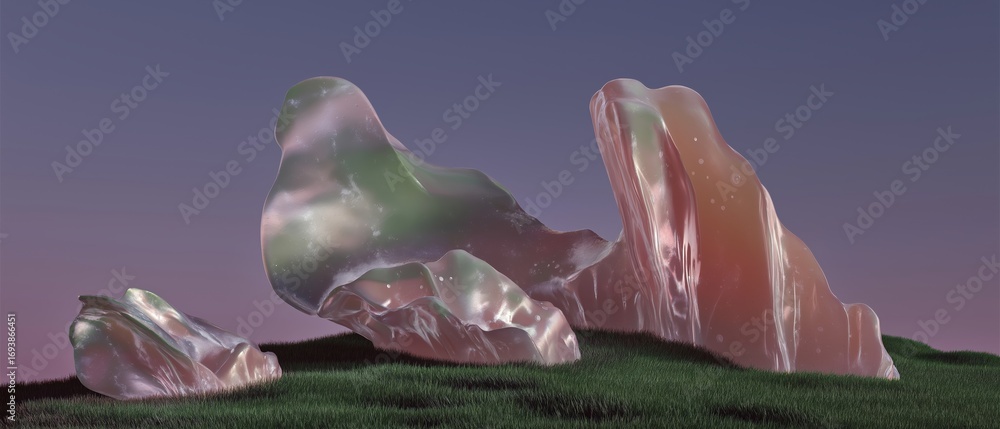 Poster three large, jagged rocks on a grassy hill. the rocks are of different sizes and shapes, with the la
