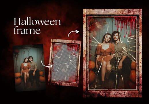 Halloween Photo Frame Flyer Template & Horror Themed Broken Mirror Overlay for Haunted Houses