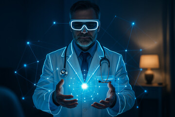 AI generated futuristic visualization of a doctor wearing VR headset holding glowing holographic energy sphere surrounded by digital interface symbolizing science technology and advanced healthcare