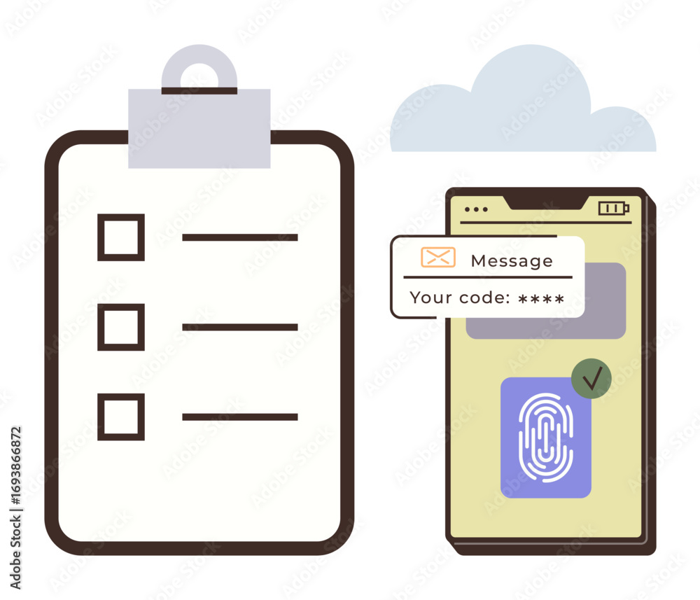 Poster checklist beside smartphone displaying fingerprint verification and message box with secure code. id