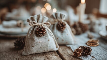 Eco friendly Christmas gift wrapping with natural decorations on a rustic wooden table