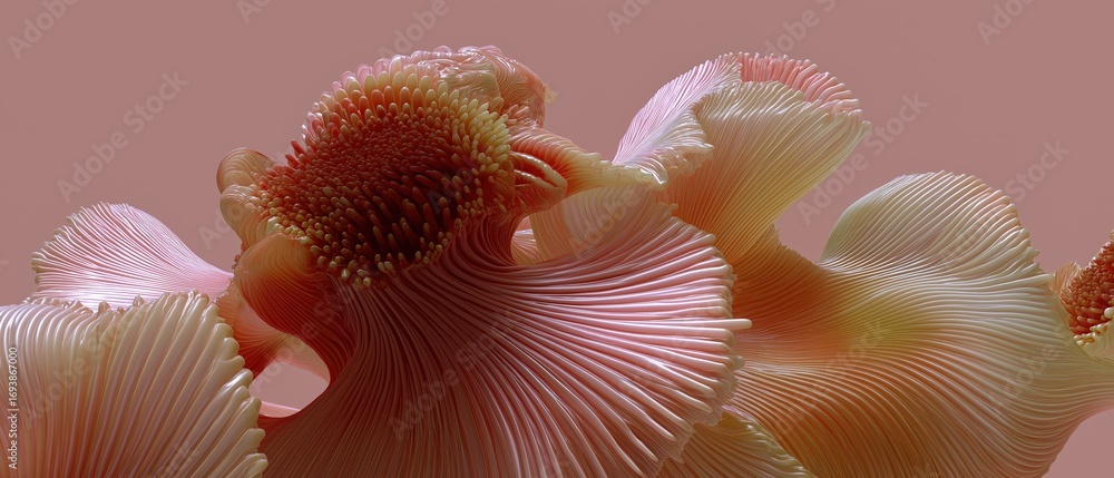 Poster abstract digital art piece that appears to be a close-up of a flower or a plant. the background is a