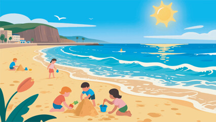 illustration of a sunny beach with children playing in the sand vector design template