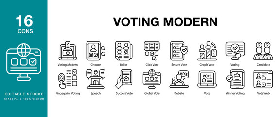 Voting Modern icon set. Includes vote, modern, choice, voting, web, and More. Editable Stroke Icon Collection.