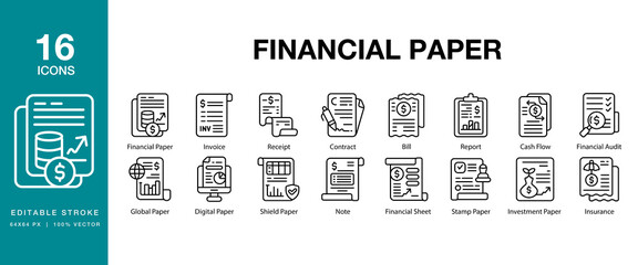 Financial Paper icon set. Includes paper, financial, business, document, accounting, and More. Editable Stroke Icon Collection.