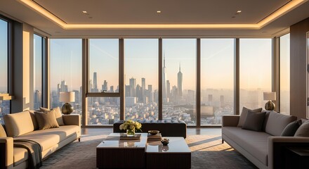 Fototapeta premium Luxurious penthouse with panoramic city views, sleek interiors and floor-to-ceiling windows