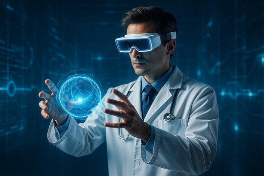 AI generated futuristic visualization of a doctor wearing VR headset interacting with glowing blue holographic sphere in a digital medical lab symbolizing science technology and advanced healthcare - Powered by Adobe