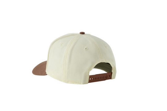 Cream baseball cap with brown brim and strap on white background headwear