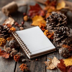 Blank notebook surrounded by autumnal decorations on rustic wood