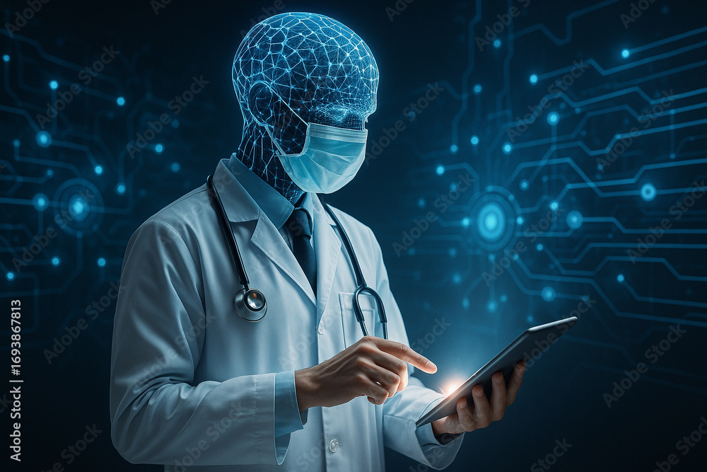 Poster ai generated doctor with glowing digital head holding tablet surrounded by holographic circuits symb