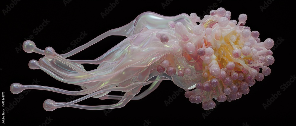 Poster 3d rendering of a jellyfish. the jellyfish has a long, slender body with multiple tentacles extendin