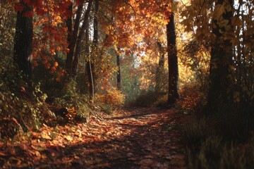 autumn forest with golden and red leaves falling, sunlight filtering through trees, peaceful nature scene, walking path covered in leaves, no text.
