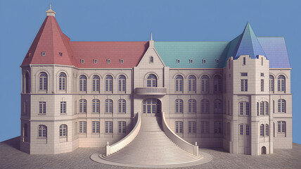 Grand historic building with colorful, distinct roof sections and symmetrical entrance.