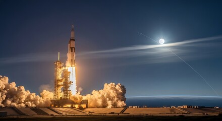 A powerful rocket launches into the night sky, showcasing a spectacular display of light and smoke against a backdrop of the moon and a clear horizon.