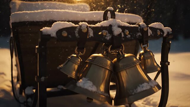 Vintage sleigh adorned with golden bells, heavily covered in fresh snow, illuminated by a warm, magical light as fine snow particles gently fall on a serene winter night.