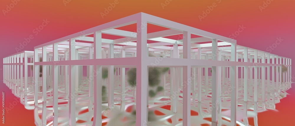 Poster 3d rendering of a building made up of multiple white rectangular structures. the structures are arra