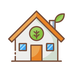 Illustration of eco-friendly house with tree symbol and leaf, promoting sustainability and green living