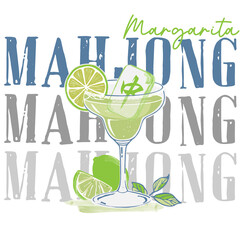 Watercolor illustration of a green margarita cocktail in a glass with a mahjong tile inside, half lime on the floor, tropical refreshing drink concept, cultural fusion, abstract beverage art