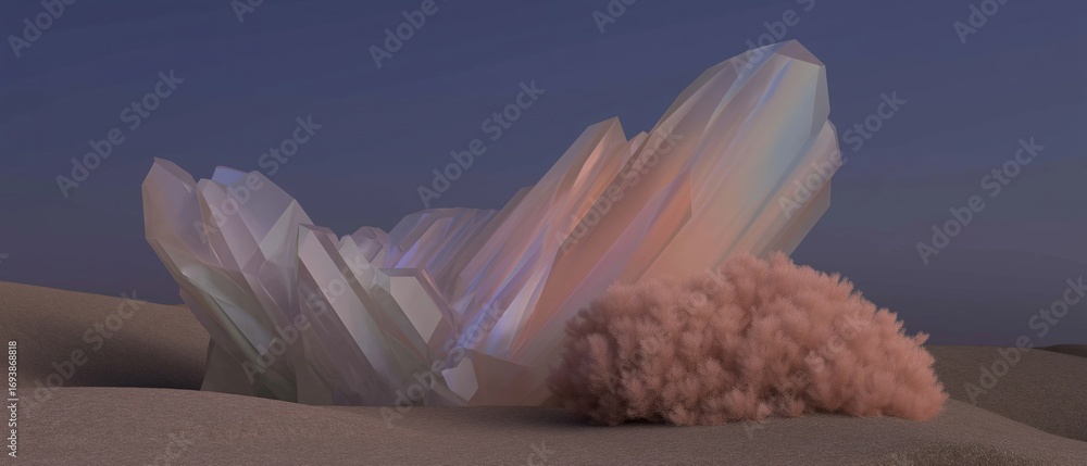 Poster 3d rendering of a desert landscape with a large rock formation in the center.