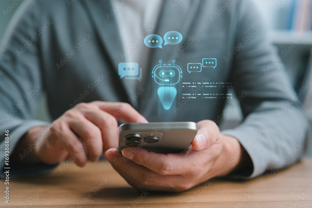 Poster businessman using ai chatbot application on smartphone for virtual assistant, customer support, and 
