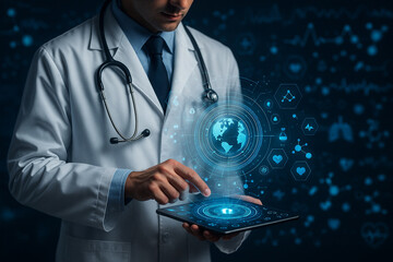 AI generated futuristic visualization of a doctor using digital device projecting glowing holographic medical data and global science interface symbolizing innovation and precision healthcare