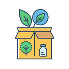 Eco-friendly delivery: Open cardboard box with leaves and bottle against black background