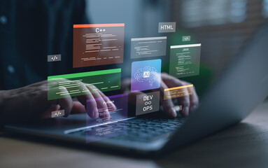 Developer coding with multiple programming languages on laptop, including Python, Java, C++, and...